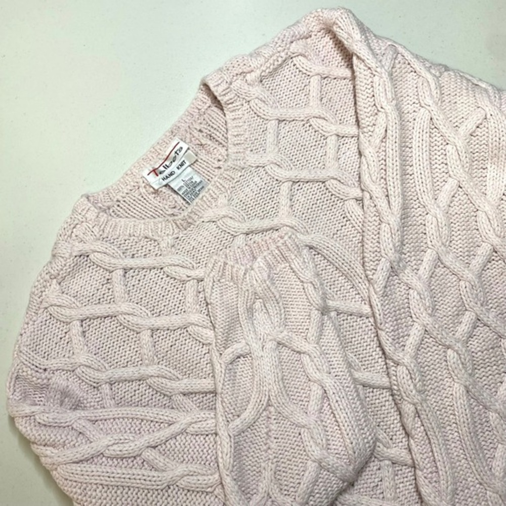 Vtg Talbots Hand Knit Sweater Womens M Pink Chunky Cable Crewneck Coastal Preppy